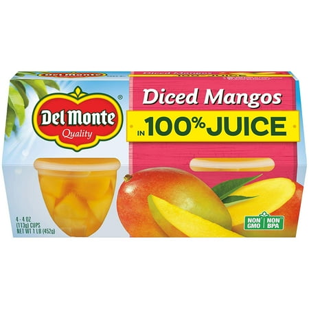Del Monte Diced Mangos Fruit Snack Cups in 100% Juice, 4.4-Ounce (Pack of 24)