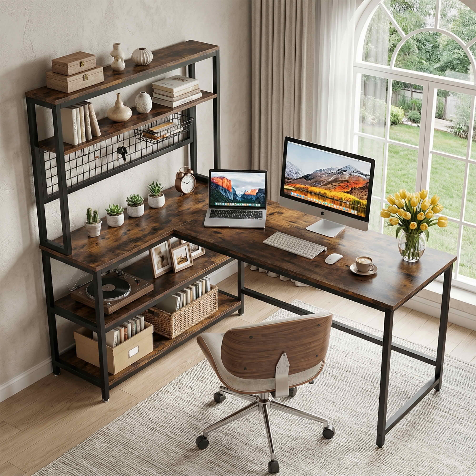 MAYEERTY 55" Large L-Shaped Office Desk with Built-In Charger, Waterproof Dustproof Corner Workstation with Storage Bookshelf for Home & Office