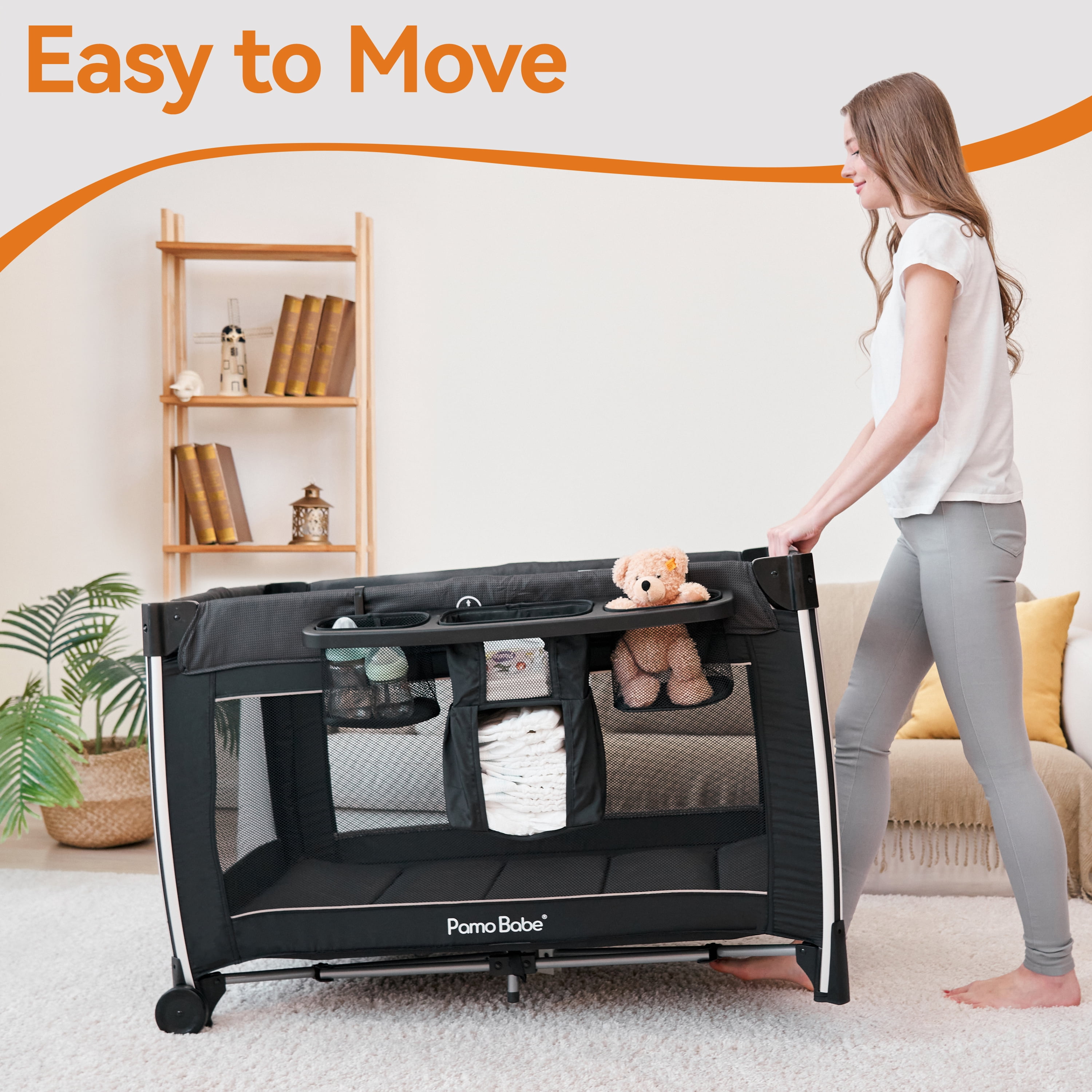 Pamo Babe 4 in 1 Baby Playard, Foldable Portable Crib with Bassinet & Changing Table and Toy Bar(Black)