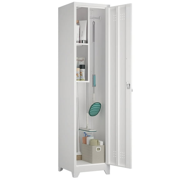 Marcree Slim Broom Storage Cabinet, Metal Cabinet with Shelves and Hanging Rod, 65" Utility Storage Cabinet with Locking Door, Tall Cleaning Storage Cabinet for Kitchen, Pantry, Office, Shop, Garage