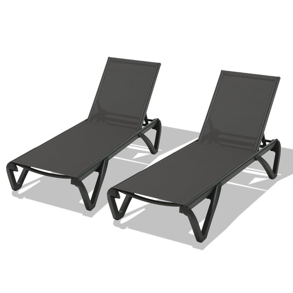 Chaise Lounge Chairs Set of 2, Aluminum Outdoor Pool Loungers with 5-Level Adjustable Backrests, Weather Resistant Textilene Fabric and Wheels, Dark Gray for Patio Deck and Backyard