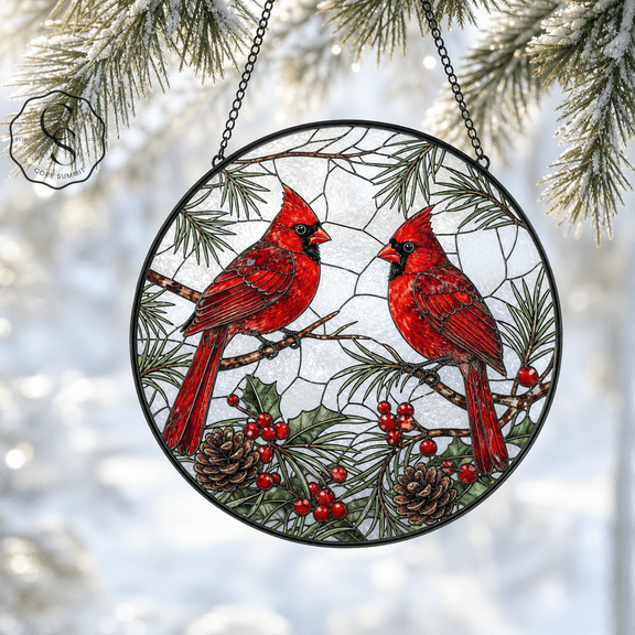 Stained Glass Suncatcher Snow Cardinal Pair Window Hanging for Winter Bird Lovers