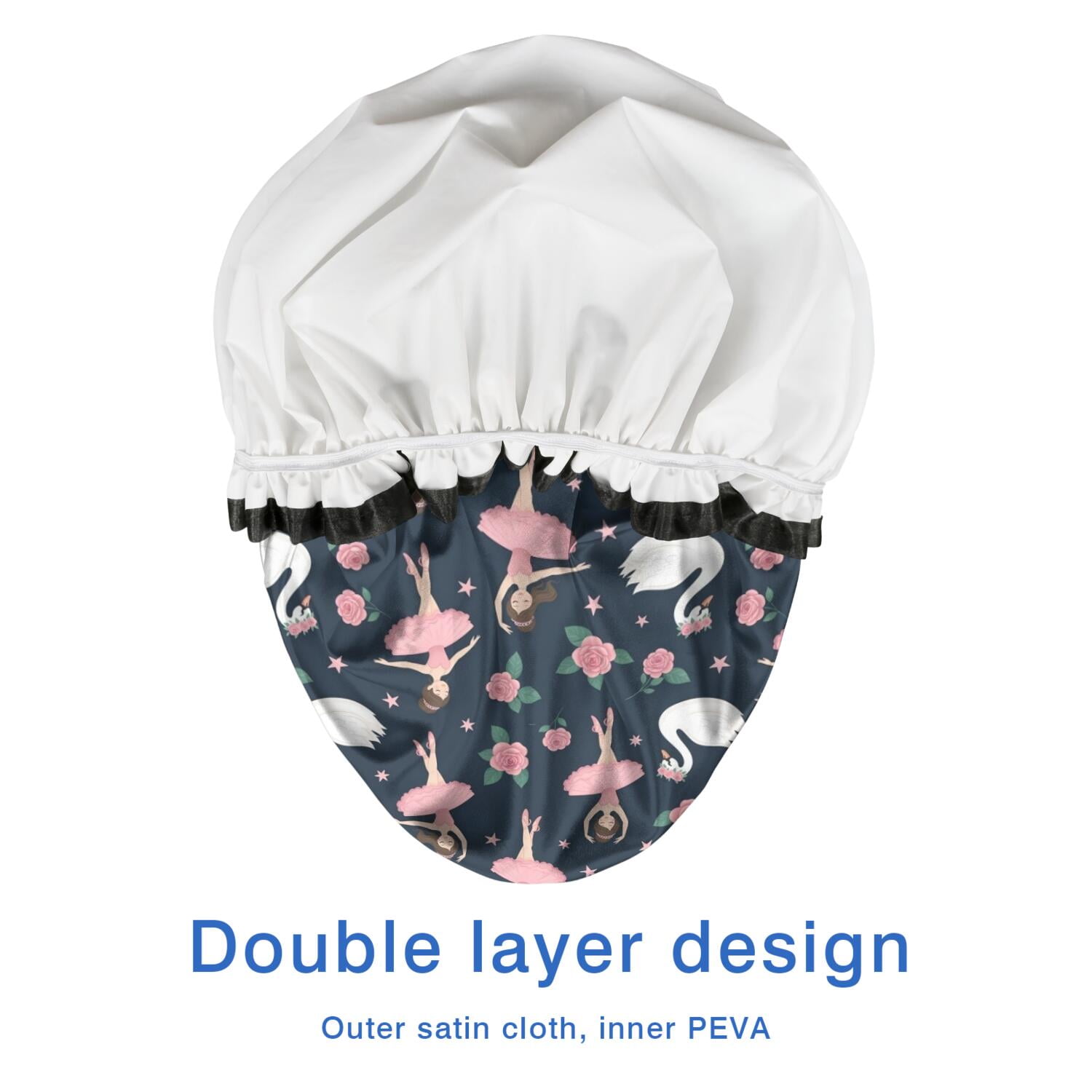 Shower Caps,Dark Blue Ballerina Swan Pattern Waterproof Shower Cap for Women 4 Pieces,Double Reusable Hair Cover for Shower PEVA Elastic Stretch Hem