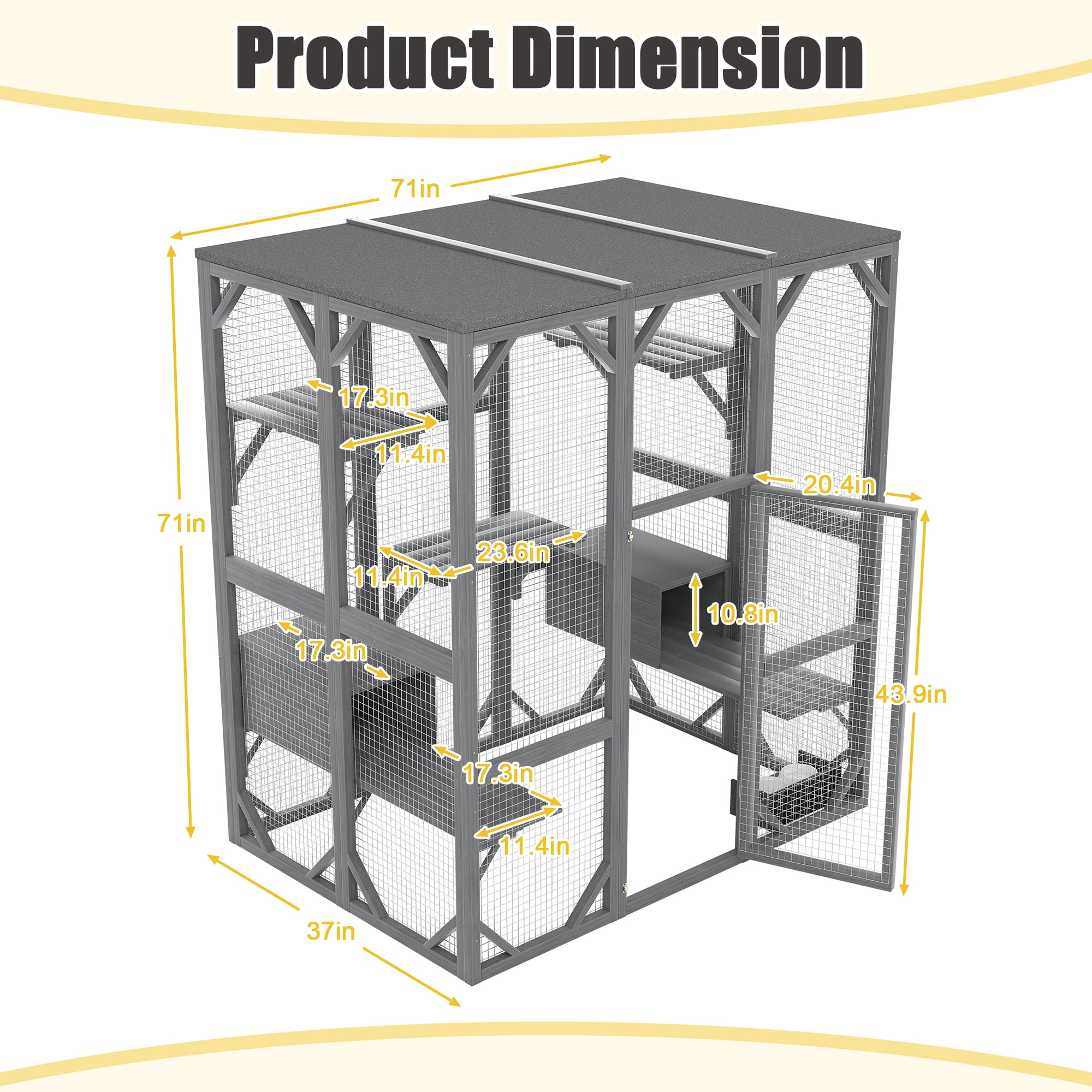 YIYADO 71" Large 3-Tier Outdoor Cat Enclosure, Waterproof Cat House with 6 Platforms, Sturdy Wooden Cat Cage for Patio, Yard, Garden, Suitable for Multiple Cats