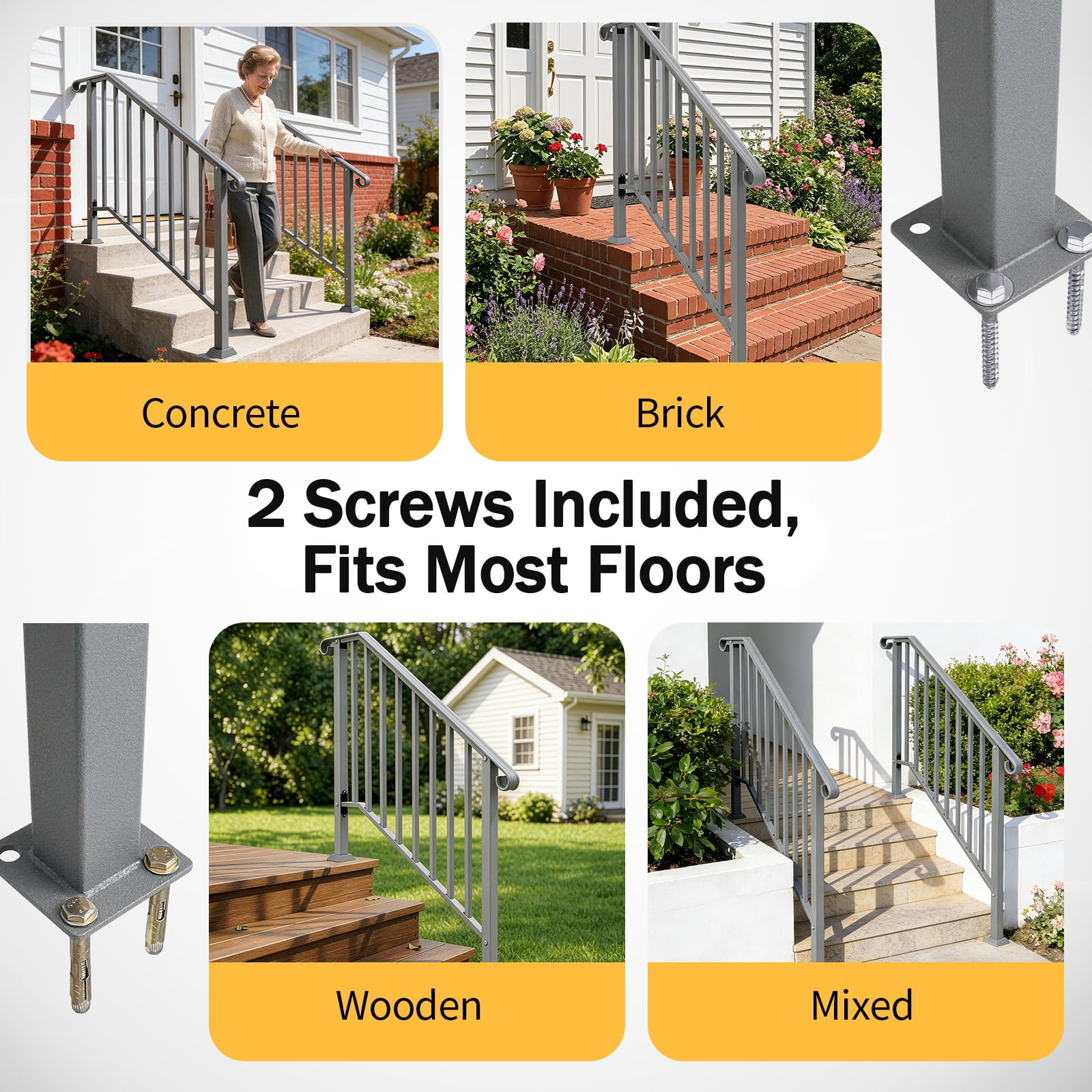 Silver Powder Coated Galvanized Iron Stair Handrail Curved Picket Step Railing Fit 3 Steps Outdoor Garden Anti-Rust Safety Rail With Installation Hardware