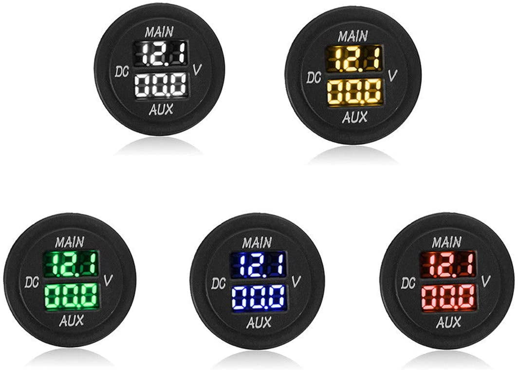LED Digital Double Voltmeter Round Panel Voltage Monitor Blue for Car Pickup RV Truck Dual Battery Pack