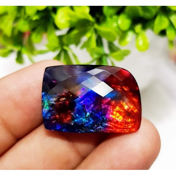 33 Ct Ammolite Opal-like Organic Synthetic lab-Created Precious Gem Loose Gemstone Doublet Rare Gemstone Fancy Checkerboard Table Cut ammolite stone