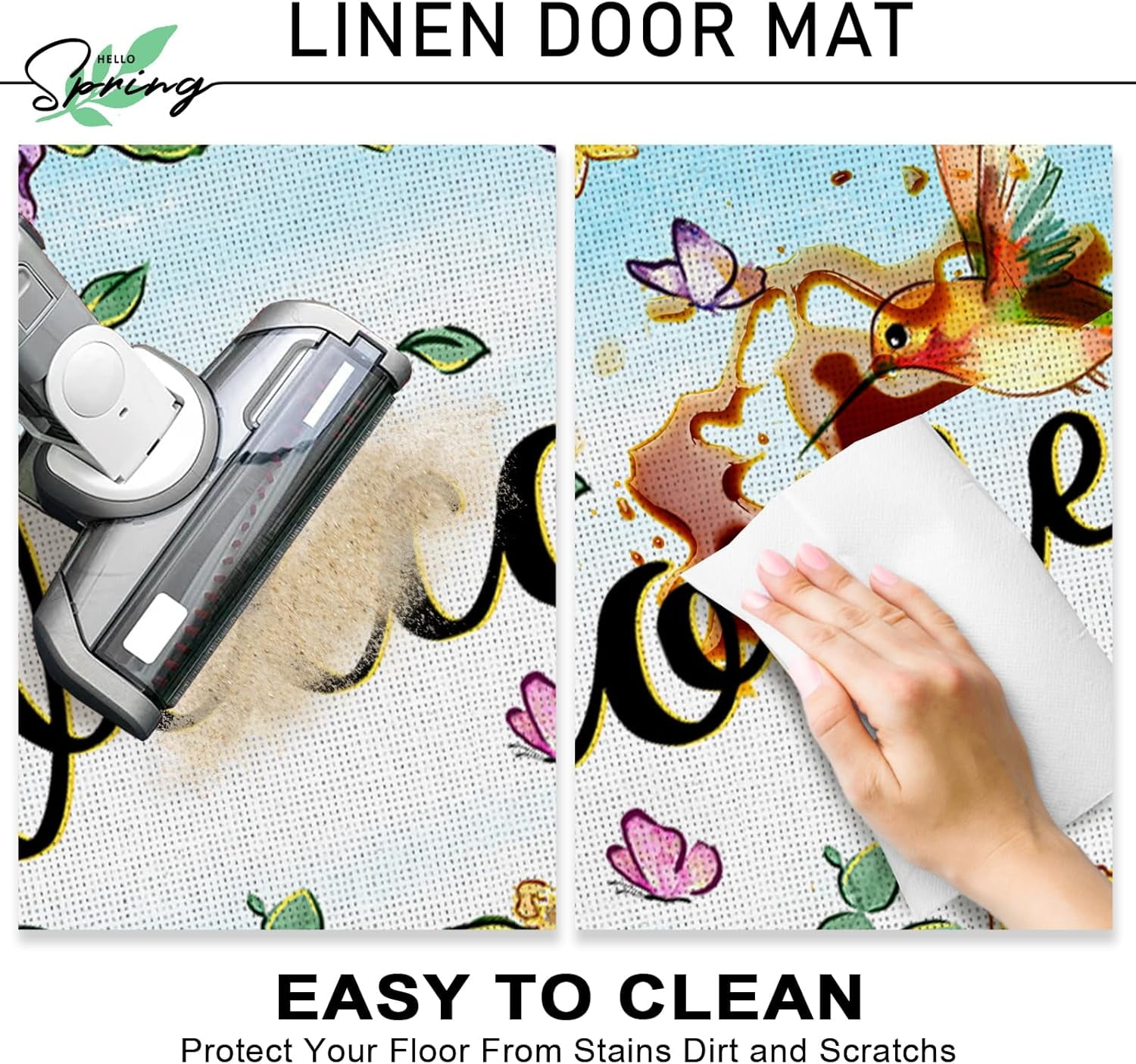 Welcome Spring Summer Flower Decorative Front Door Mat, Hummingbird Morning Glory Floral Doormat Indoor Outdoor Non-Slip Floor Entryway Rug, Daffodil Hyacinth Home Kitchen Decoration 17x29 Inch