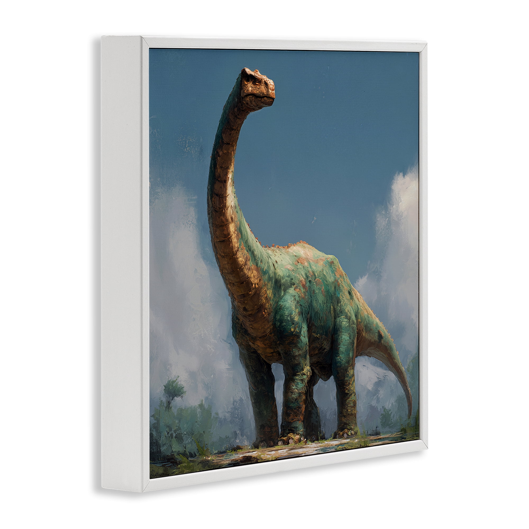 Stupell Industries Colossal Brontosaurus in Meadow White Framed Giclee Art, design by Wumples