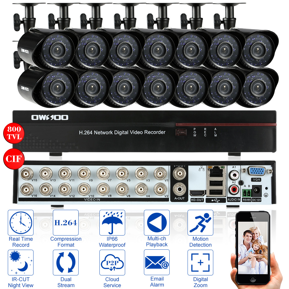 OWSOO 16CH Full CIF DVR Surveillance Security System with 12pcs 800TVL