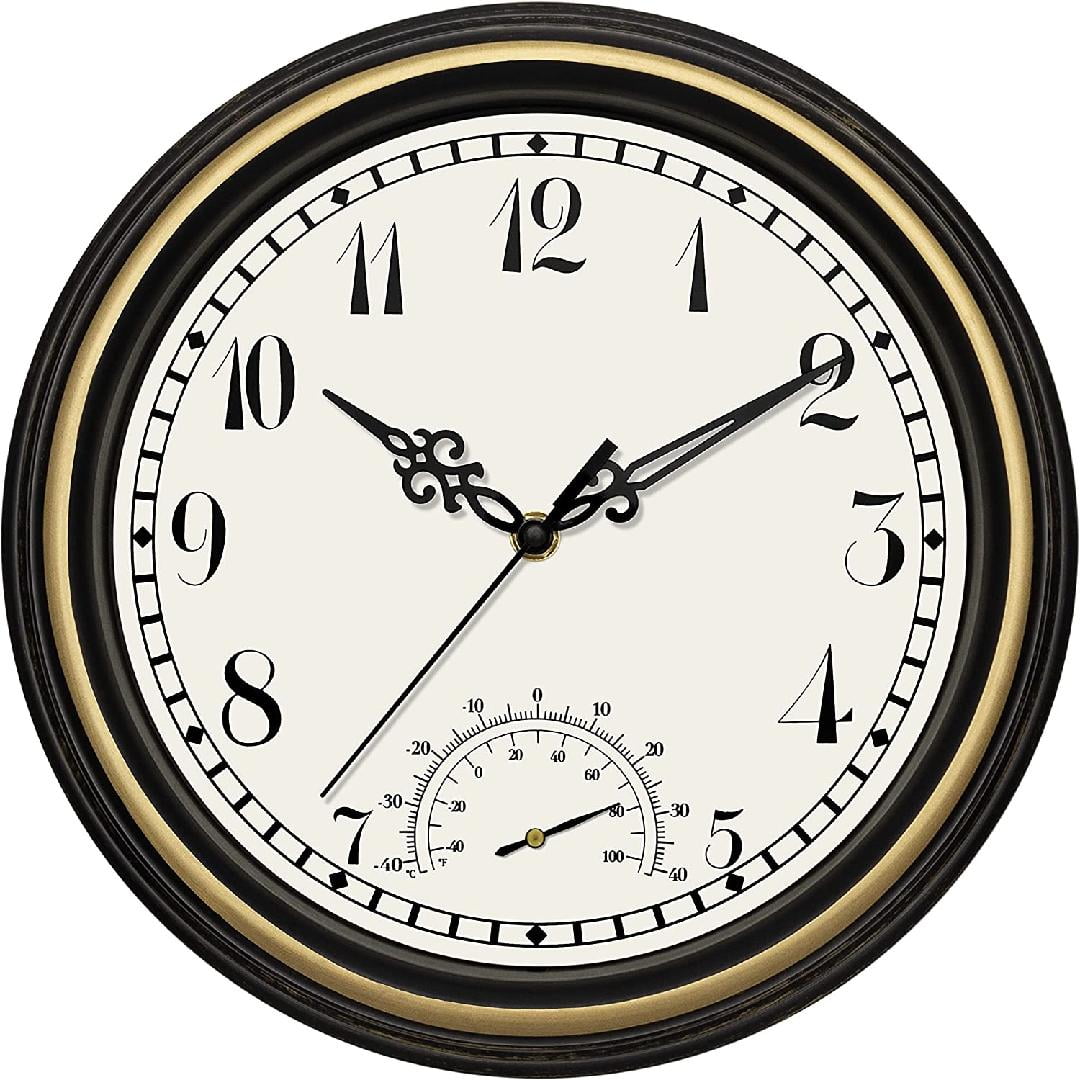Indoor Outdoor Waterproof Wall Clock with Thermometer, Retro Silent Non