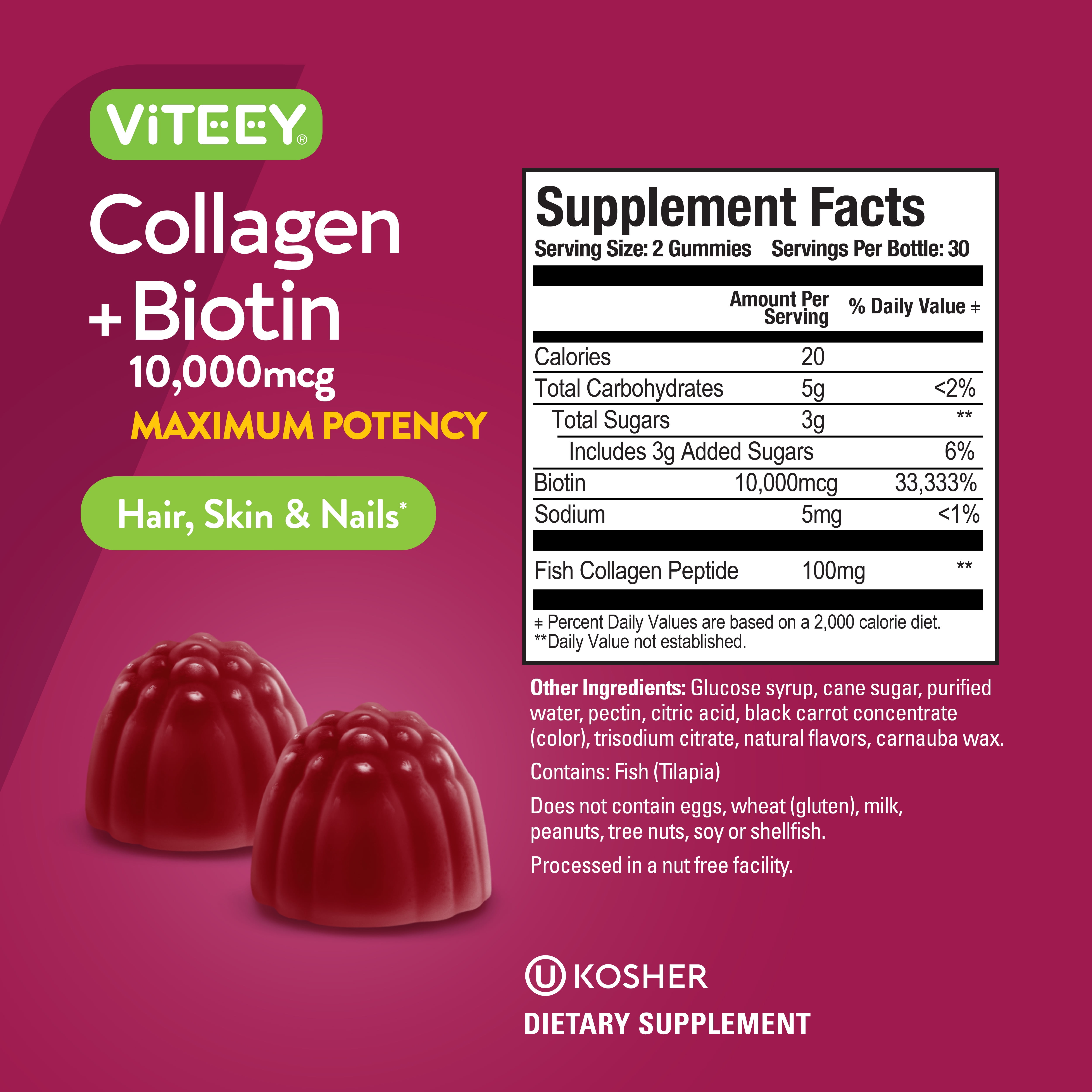 VITEEY Collagen and Biotin Gummies, Hair Skin and Nails, Raspberry Flavor, 60 Count, 2 Pack