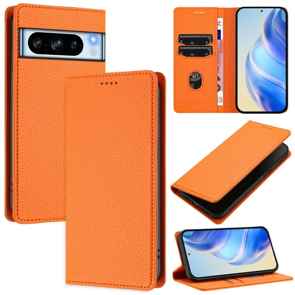 for Google Pixel 8 Pro Wallet Case with RFID Blocking Card Slots, Fashion PU Leather Flip Kickstand Magnetic Phone Cover Women Men, Support Wireless Charging, Full Body Protection - Orange
