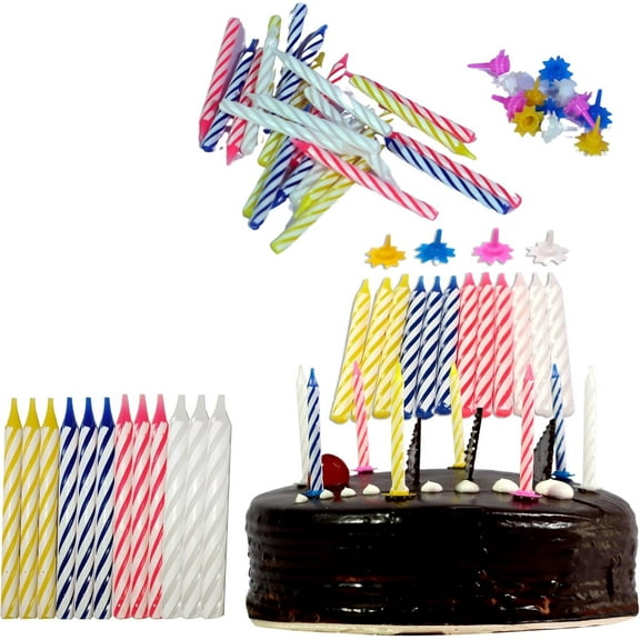 Multi Color Birthday Cake Candles with Holders, 2.3 Inch - Bright, Spiral Decorative Candles for Birthdays, Anniversaries, Weddings, Celebrations Non Toxic, Safe for Cakes, Cupcakes, Desserts (576)