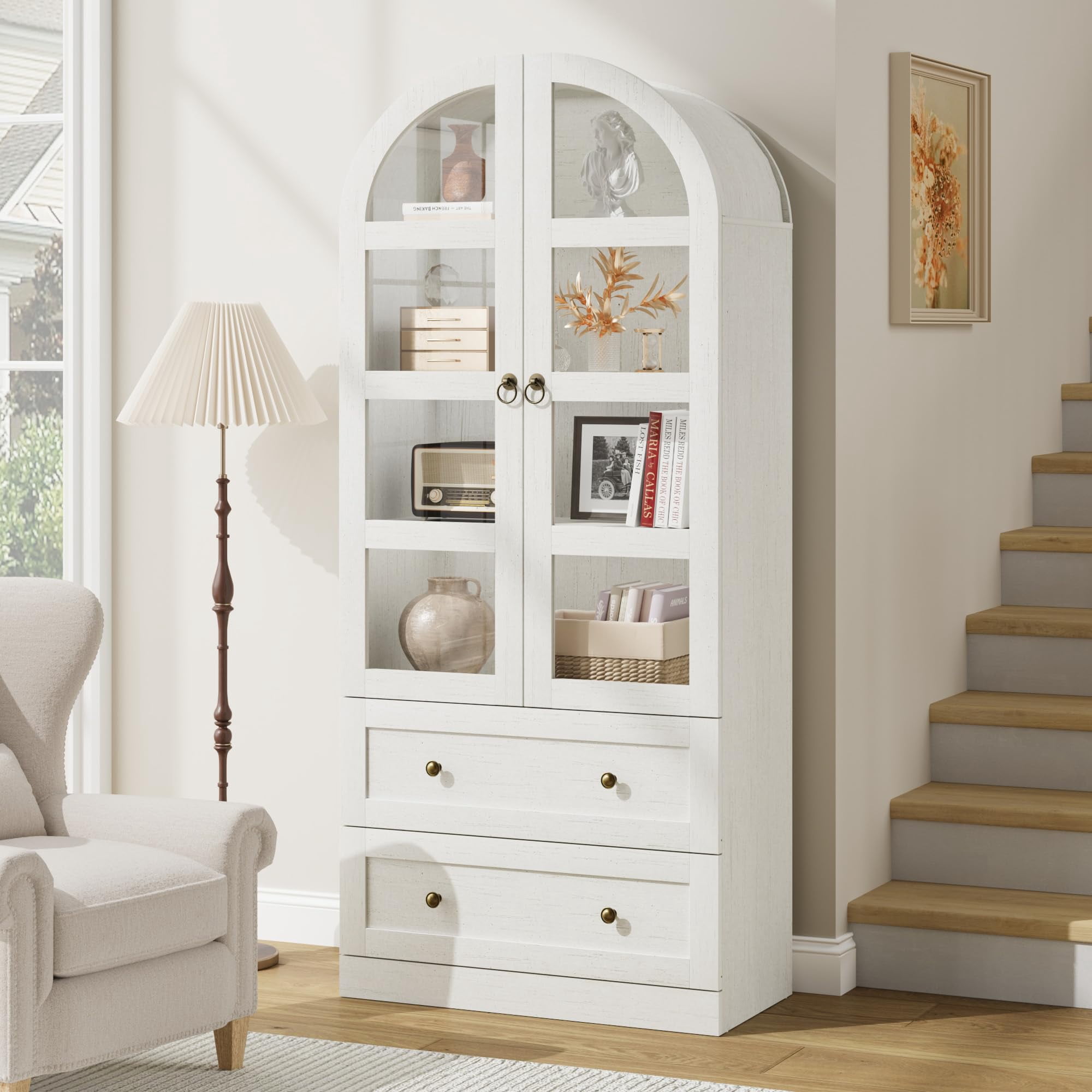 COZONY 72" Tall Arched Kitchen Pantry Cabinet, Farmhouse Wooden Storage with 2 Drawers & Wood Doors, Freestanding Buffet for Dining & Living Room,Antique White