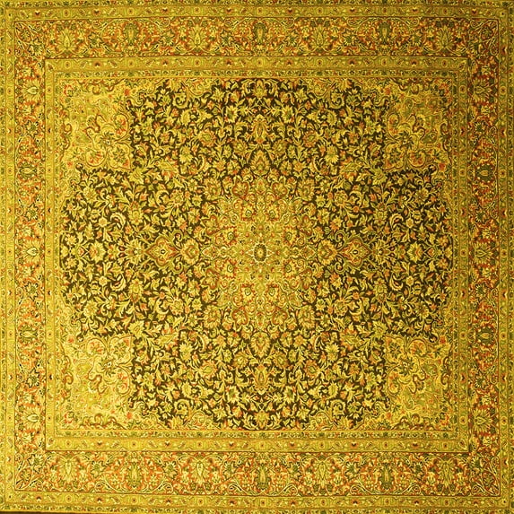 Ahgly Company Machine Washable Indoor Square Medallion Yellow Traditional Area Rugs, 4' Square