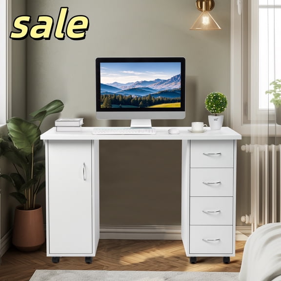 Hassch Movable Computer Desk with 4 Drawers, Modern Writing Table with Storage Cabinet for Bedroom Home Office,Nail Desk, Manicure Table, White