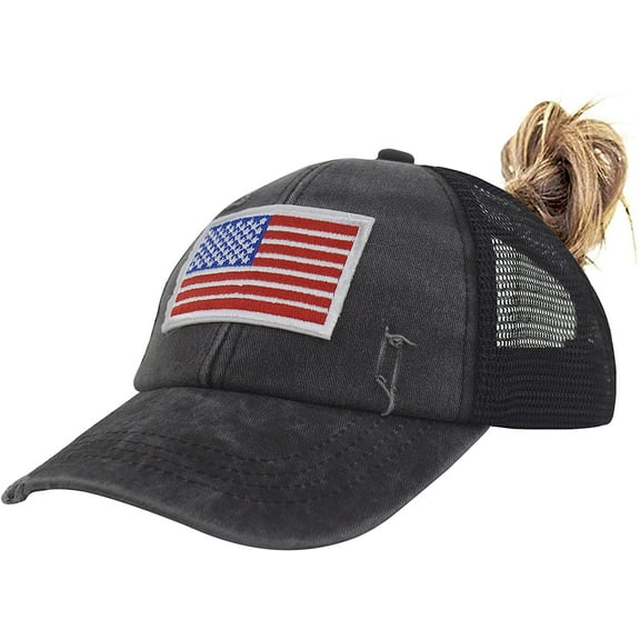 Muryobao Adult Female Women USA American Flag Trucker Hats Washed Distressed Cotton Denim Ponytail Baseball Cap Adjustable High Messy Bun Ponycap Mesh Dad Hat Black