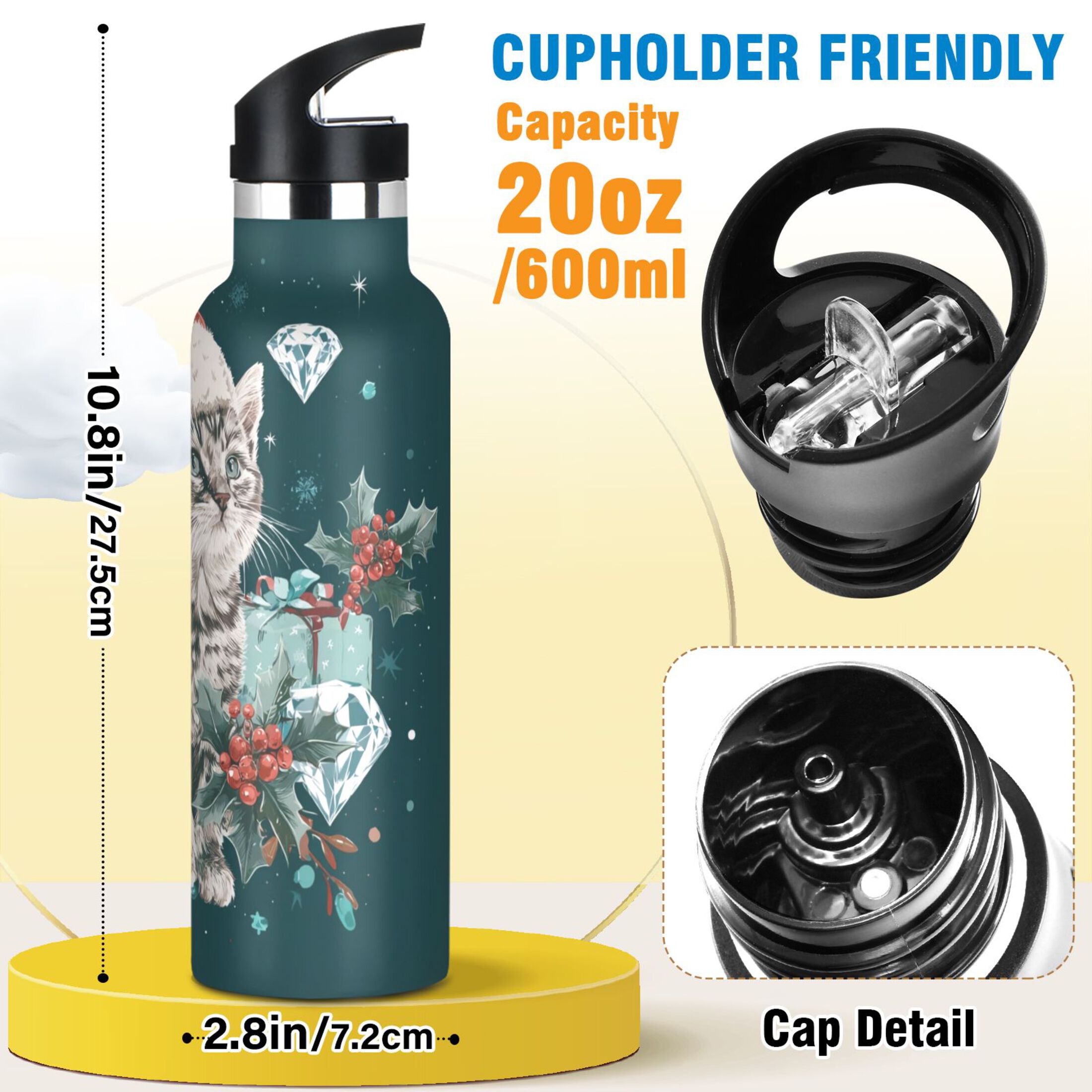600ML Stainless Steel Insulated Cup Sports Water Bottle Portable Thermos Cup Water Glasses Insulated Tumblers Convenient and Durable Magical Christmas Cat