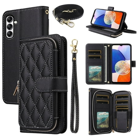 Dswteny Argyle Wallet Case for Samsung Galaxy A16 5G/4G with Wrist Strap Shoulder Strap Card Slots Zipper Flip Credit Card Holder Stand Cell Accessories Phone Cover for A 16 16A SM-A166U Women Black