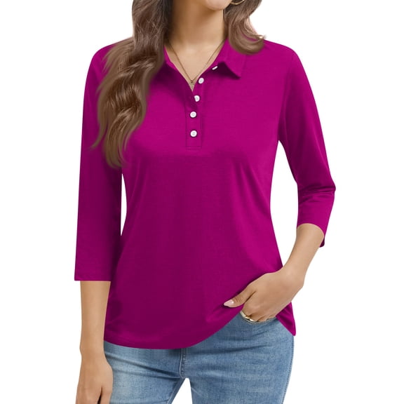 Bbyeadc Women's Golf Shirt 3/4 Length Sleeve Collared Golf T-Shirt Button Top Fashion Going Out T-Shirt,Purple(XXXL)