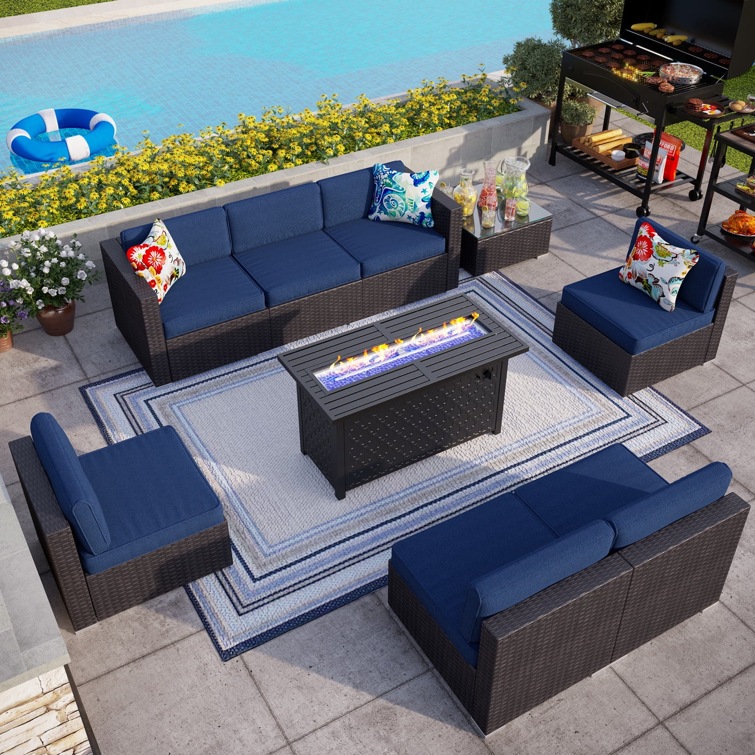 MF Studio 9 PCS Outdoor Patio Furniture Set with 45-Inch 50,000 BTU Fire Pit Table (Navy Blue)