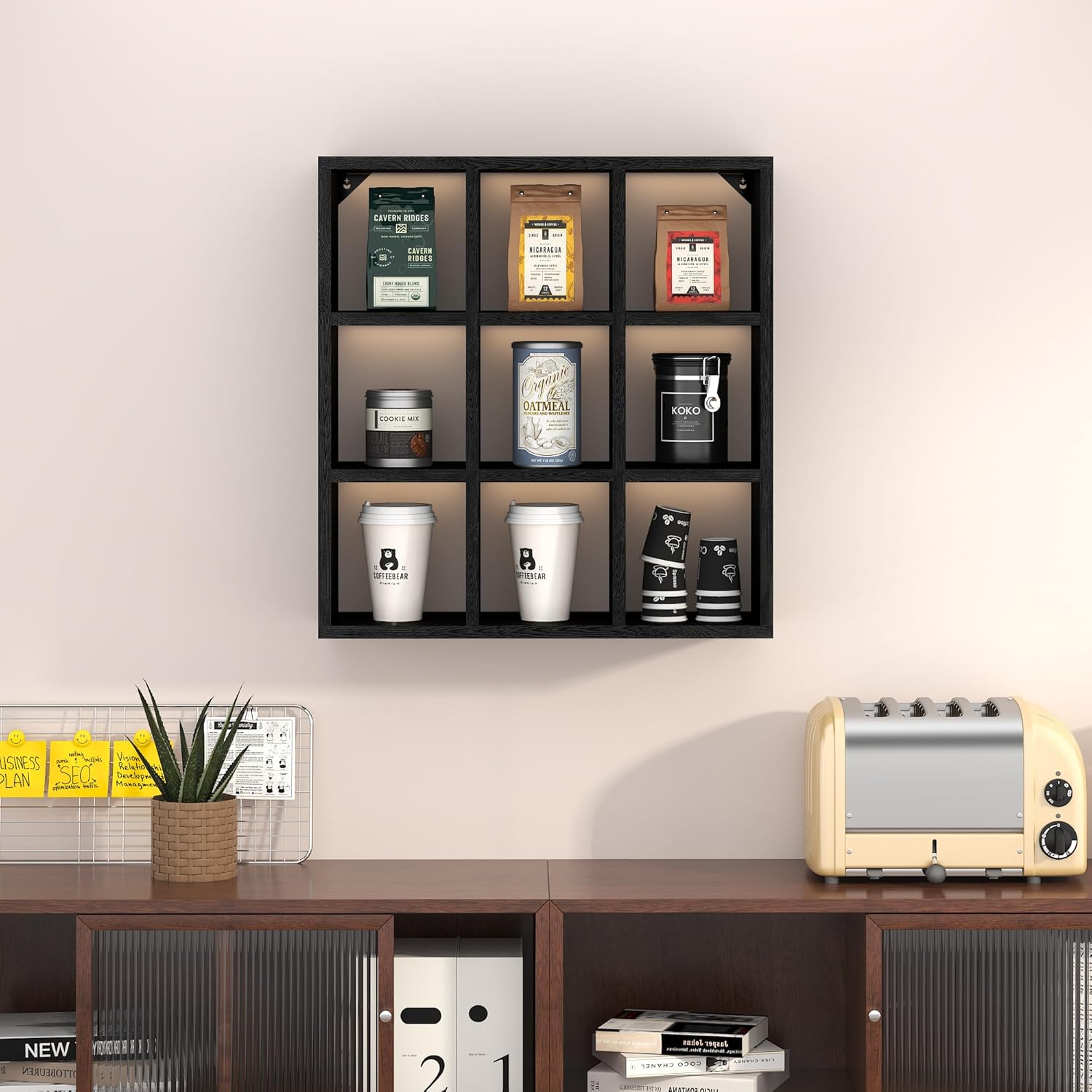 9 Grid Vintage Coffee Mug Display Rack, 16inch Wall Mounted Wooden Curio Shadow Box Shelf, Cup Floating Shelves Display and Organizer (Black)