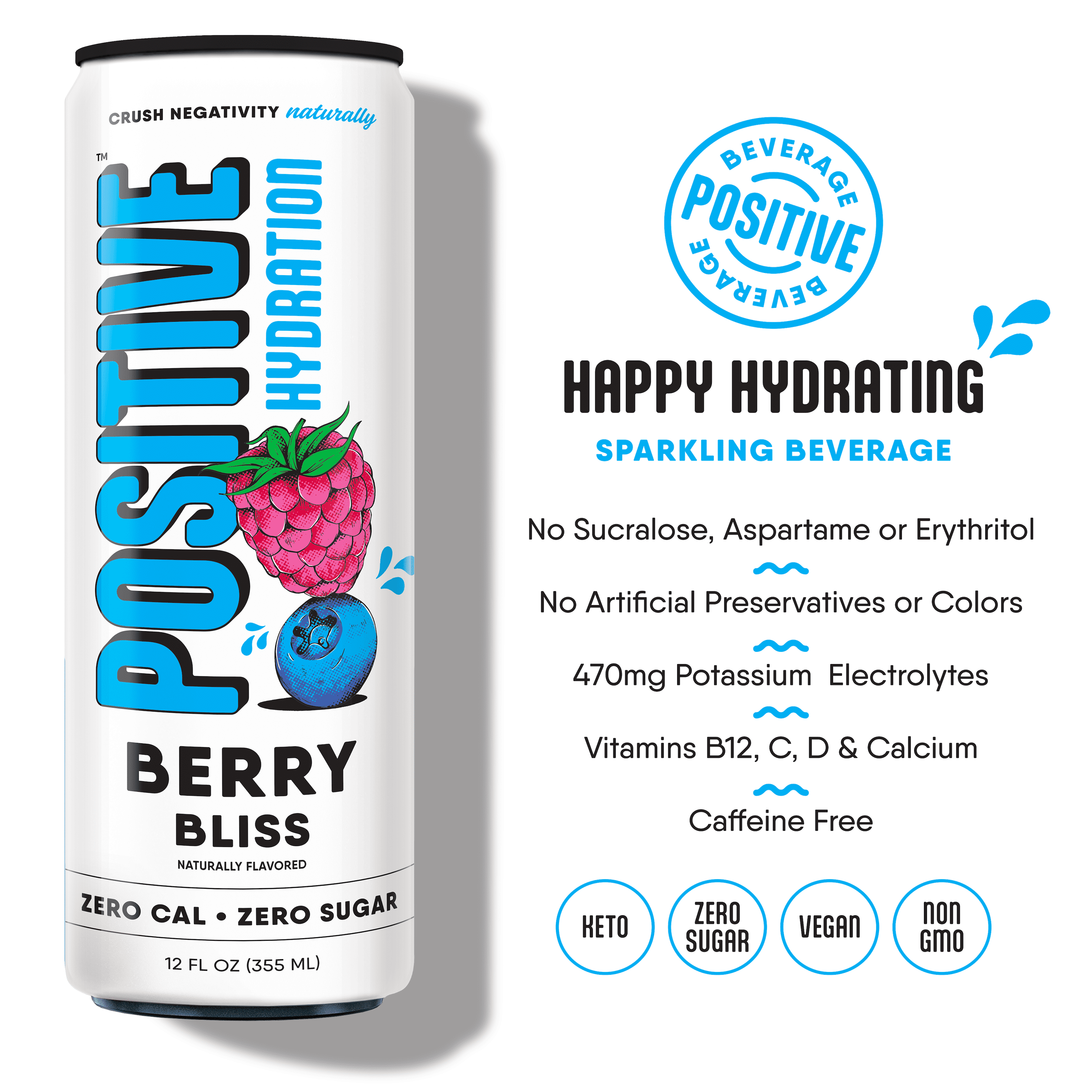 Positive Hydration Electrolyte & Vitamin Drink 3-Flavor Variety Pack Zero Calorie, Caffeine-Free, 12-oz, Pack of 12