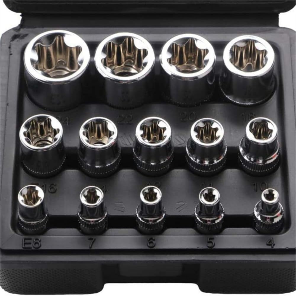 14-Piece E-TORX Socket Set 1/4" 3/8" 1/2'' Drive E-4 - E24 Female External Torque Star Socket Kit With Storage Case