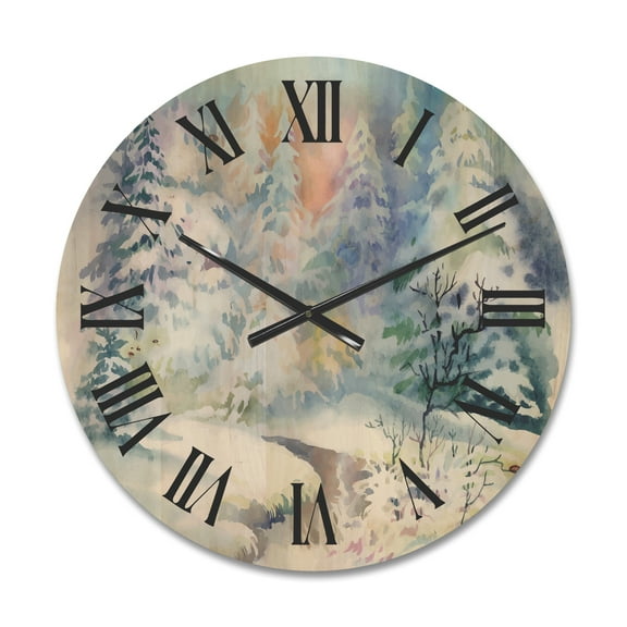 Designart 'Snowy River With Winter Landscape' Traditional Wood Wall Clock