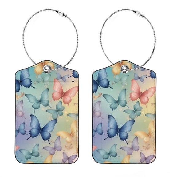 RATGON 2 Pack Luggage tag PU Leather with Stainless Steel Loop Luminous Dreamy Butterfly Travel Trip