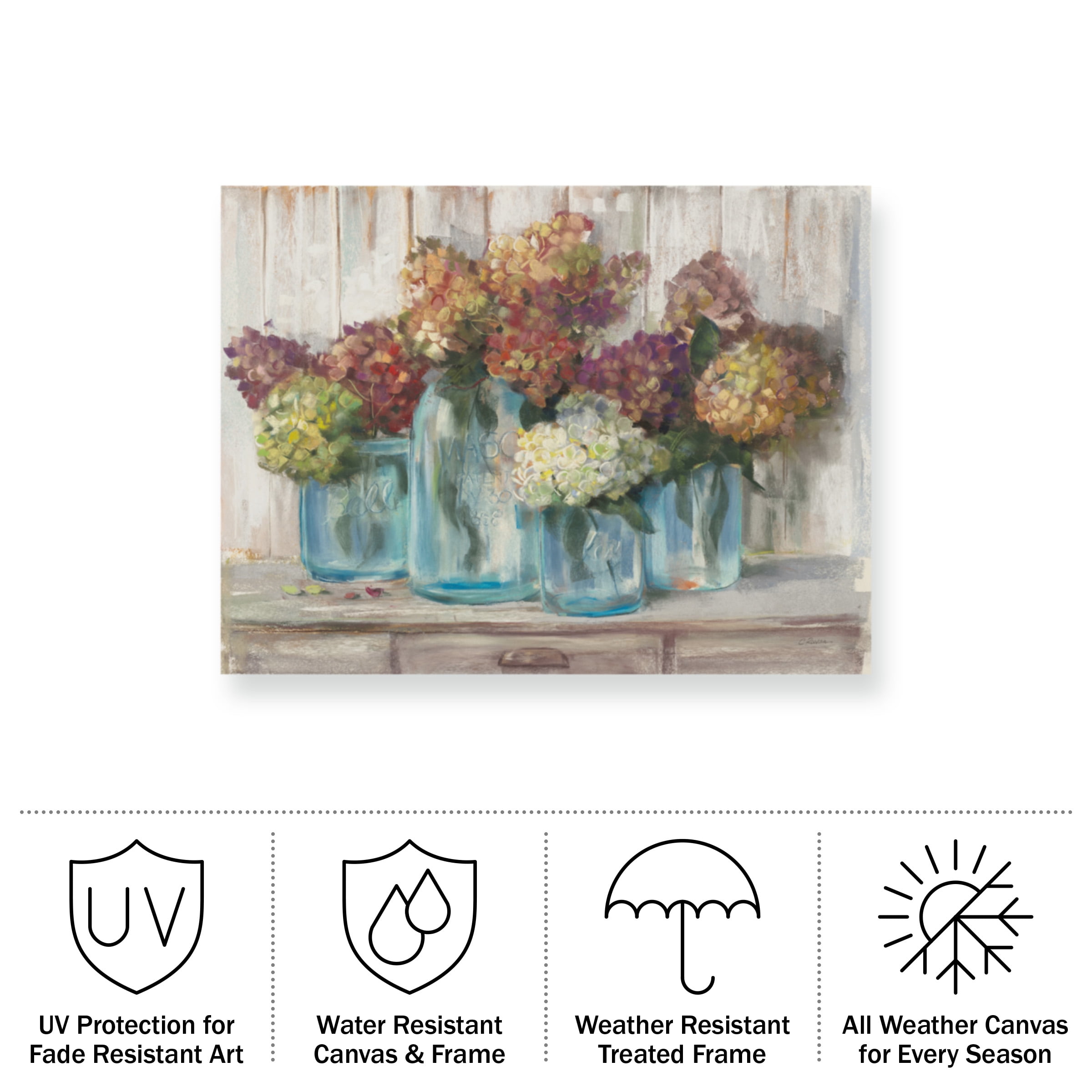 Carol Rowan 'Hydrangeas In Glass Jars White Wood' Outdoor Canvas 18x22