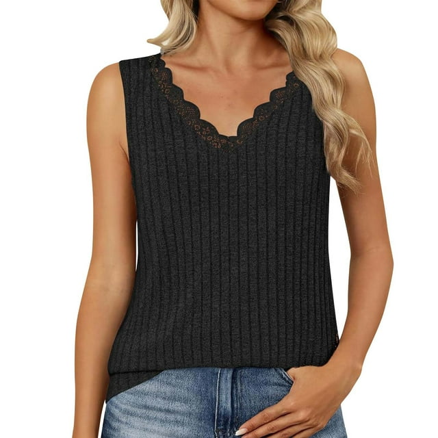 tarylea Plus Size Tops for Women Sleeveless Ribbed Lace V Neck Fitted Comfy Dressy Casual Tank Tops