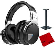 Cowin E7 Active Noise Cancelling Bluetooth Over-Ear Headphones, Black Bundle with Deco Gear Pro Audio Headphone Stand - Matte Black + 6 x 6 inch Microfiber Cleaning Cloth