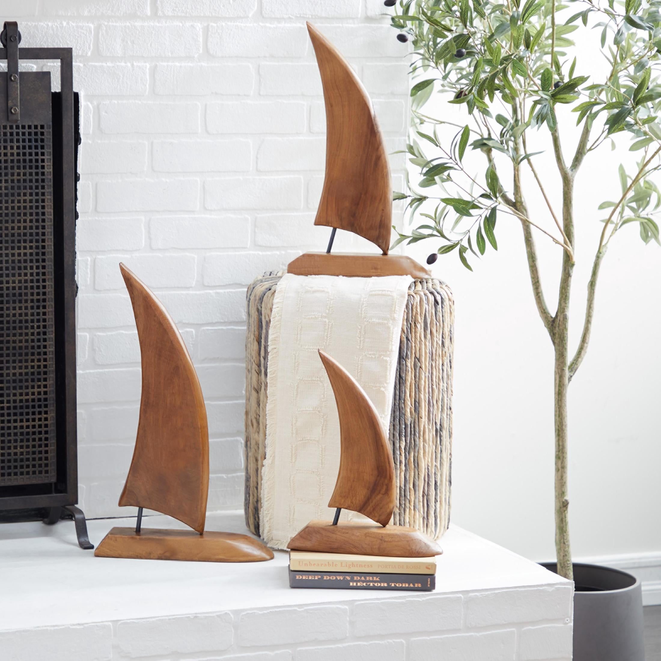 20", 17", 13"H Brown Teak Wood Handmade Sail Boat Sculpture, by DecMode (3 Count)