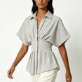 thumbnail image 5 of SSZMDLB Women Collared Short Sleeve Button Down Pleated Peplum Top Casual Blouse Solid Basic Shirt Office Outfits Summer Work Tops, Black L, 5 of 9