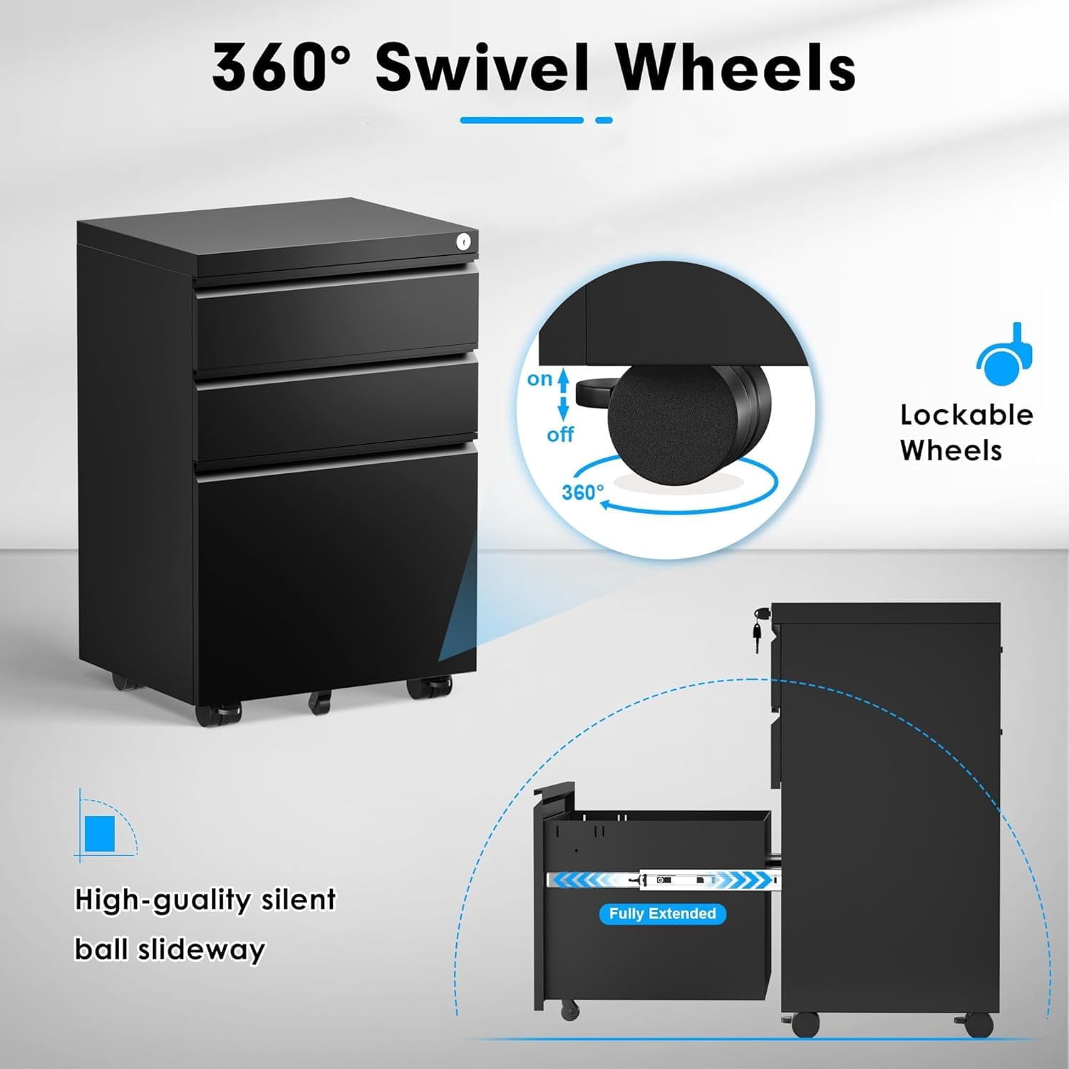 SOLAURA 3 Drawer File Cabinet with Wheels & Lock, Metal Rolling File Cabinet, Under Desk Mobile Filing Cabinet for Office, Fits Legal/Letter/A4 Size(Unassembled, Black)