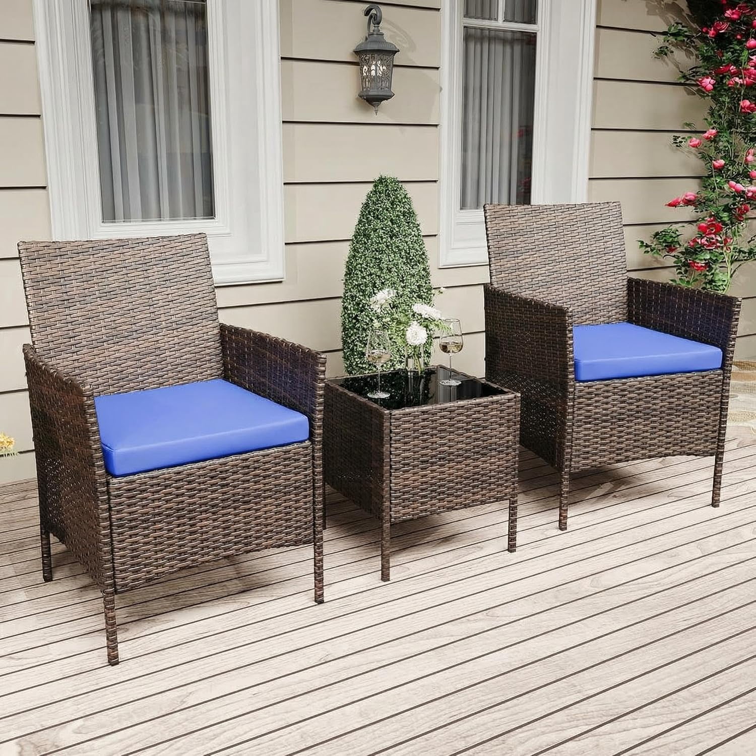 IdealHouse 3 Piece Patio Furniture Set, Rattan Outdoor Furniture with 2 Chairs & Coffee Table, Modern Outdoor Seating Conversation Bistro Set for Garden Backyard Porch (Brown and Blue)