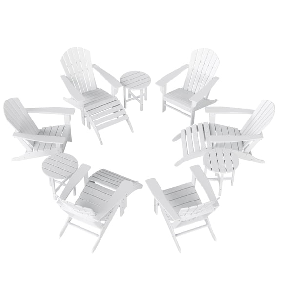 WestinTrends Dylan 12 Pieces Adirondack Chairs Set, All Weather Poly Lumber Outdoor Seating Patio Conversation Set, Seashell Curved Slat Backrest Garden Lawn Deck Fire Pit Chairs, White