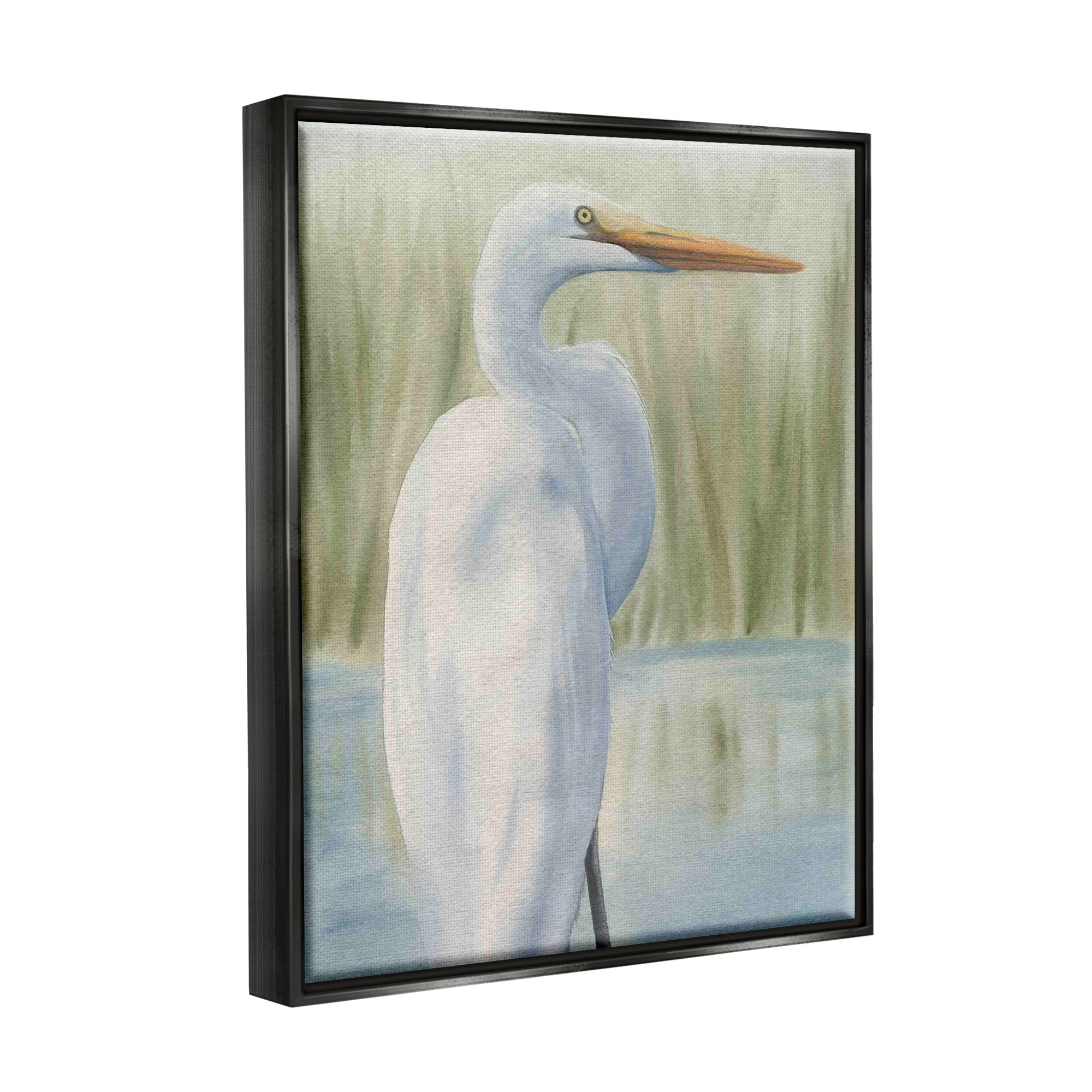 Stupell Industries Egret Marshland Painting Animals & Insects Painting Black Floater Framed Art Print Wall Art, 17 x 21