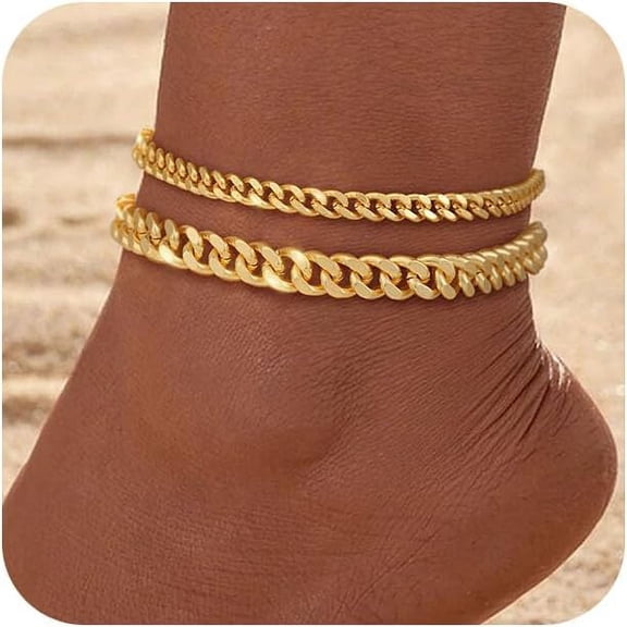 Gold Ankle Bracelets for Women Waterproof - Dainty Gold Anklets Trendy Layered 14K Gold/Silver Plated Stackable Chunky Cuban Link Chian Anklet Bracelet Set for Women Non Tarnish Jewelry Gift