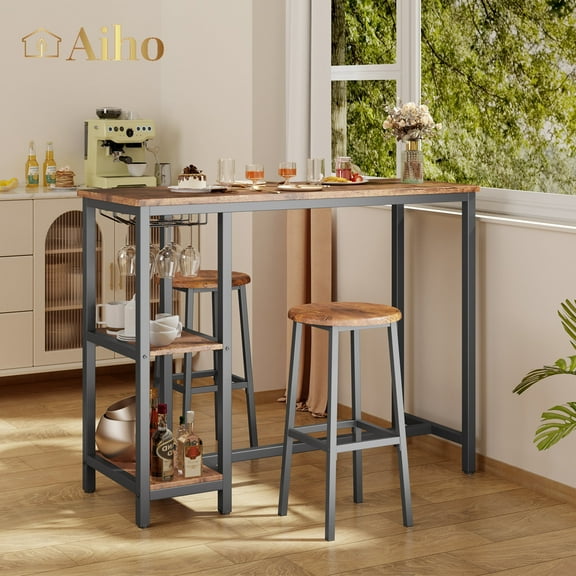 Aiho 3-piece Bar Table Set , Dining Table Set with 3 Storage Shelves For Dining Room , Retro