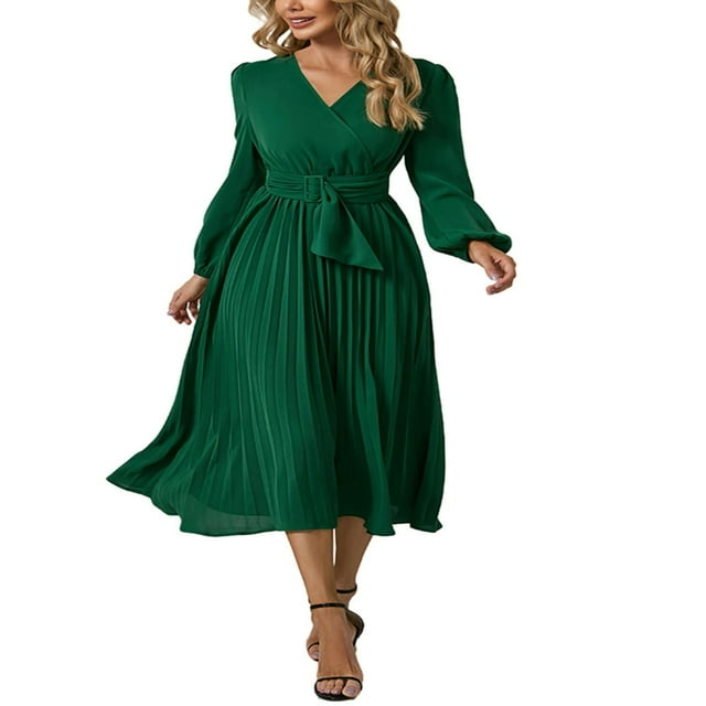Robe Longue à Manches Longues pour Femmes Robe de Soirée Plissée avec Ceinture