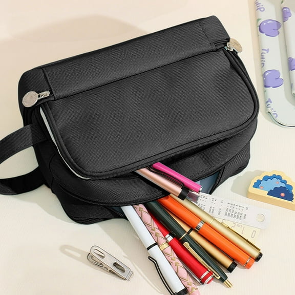 AuroraX Black Large Capacity Pencil Pouch With Handle,3 Compartment Aesthetic Pencil Case,Double Layer Pen Bag,For Study