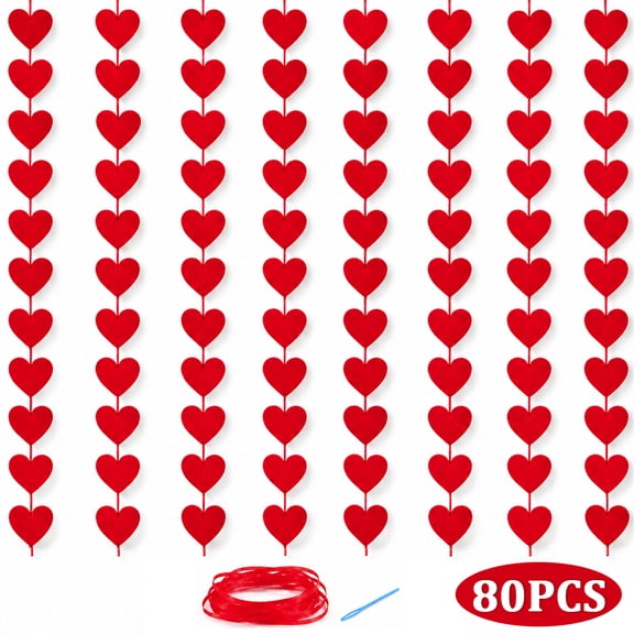 80PCS Red Hearts Felt Garland Valentines Day Red Heart Hanging String Garland, Valentines Day Decor, Valentine Decorations, Valentines Wedding Anniversary Birthday Party Supplies 5 Pack