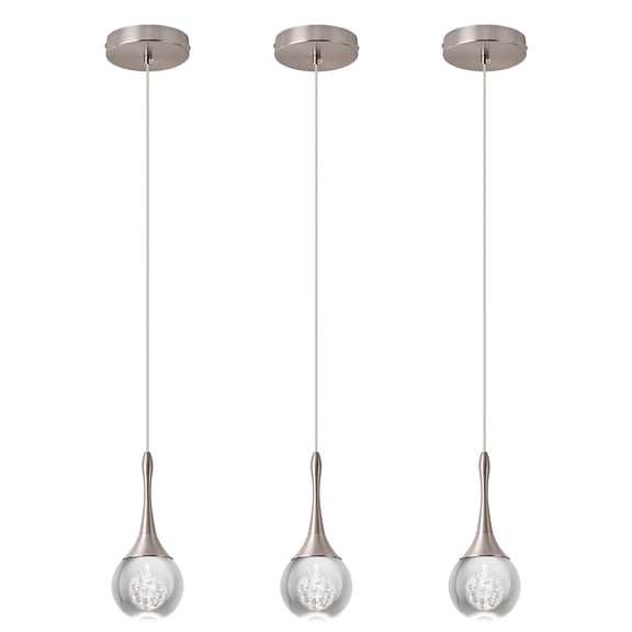 Nickel Teardrop Pedant Light 3 Pack Modern Dimmable 1-Light LED Crystal Globe Pendant Lighting Fixture for Kitchen Island Dining Room Bathroom Hallway 6000K Cool White