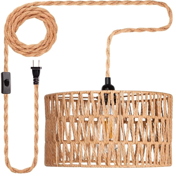 Hanging Lamps Rattan Pendant Light Hanging Lights 16.4ft Plug in Cord Pendant Light Fixture Plug Into Wall Outlet Pendant Lighting with On Off Switch for Bedroom Living (Cylindrical Shade)