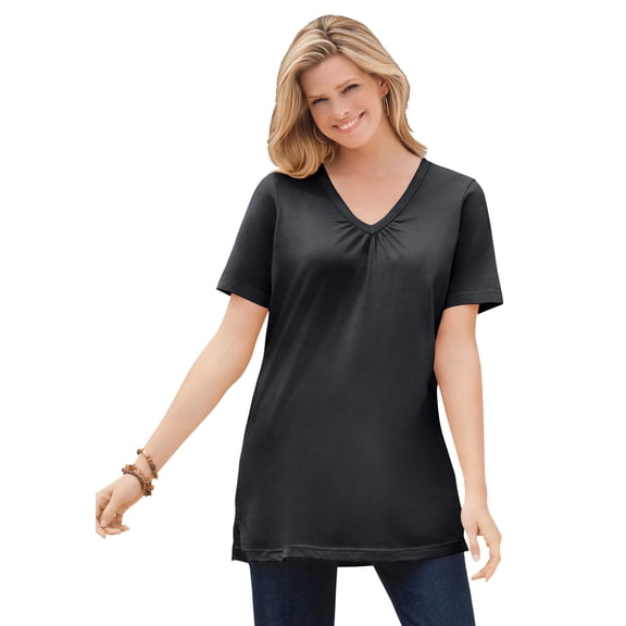 Woman Within Plus Size Perfect Short-Sleeve Shirred V-Neck Tunic