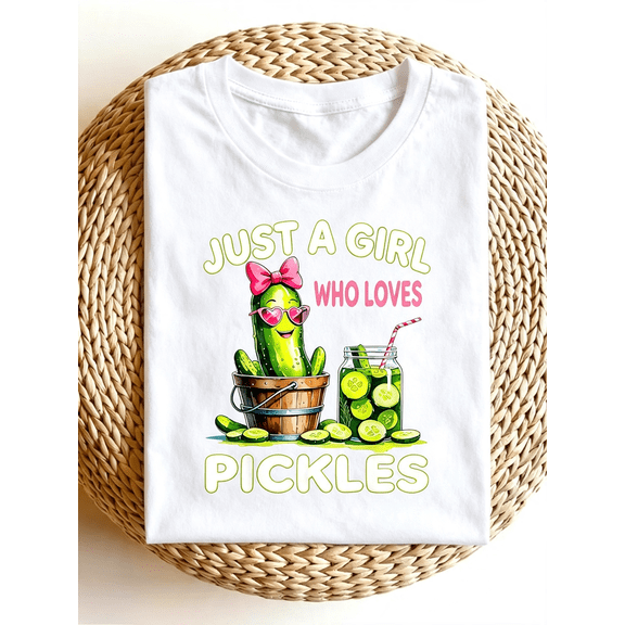 Just A Girl Who Loves Pickles Cartoon Cucumber Graphic Tee, Cute Food Lover Casual Women Short Sleeve T-Shirt