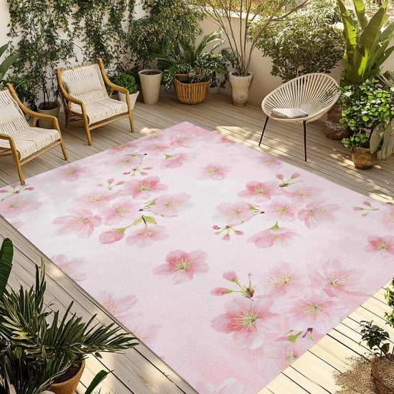 Pink Floral Outdoor Rug 5x8 Ft - Reversible Patio Rug Outdoor Camping Rugs, Modern Farmhouse Aesthetic Shabby Chic Flower Indoor Outdoor Area Rugs, Non-Slip Outdoor Carpet Runner for Deck/Porch